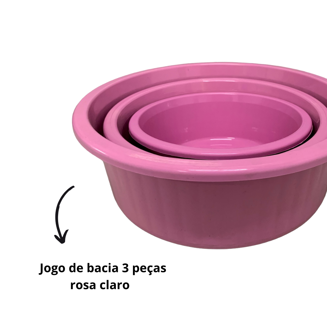 Jogo de Bacia 3 Peças Plastico Redonda Multiuso Rosa Canelada