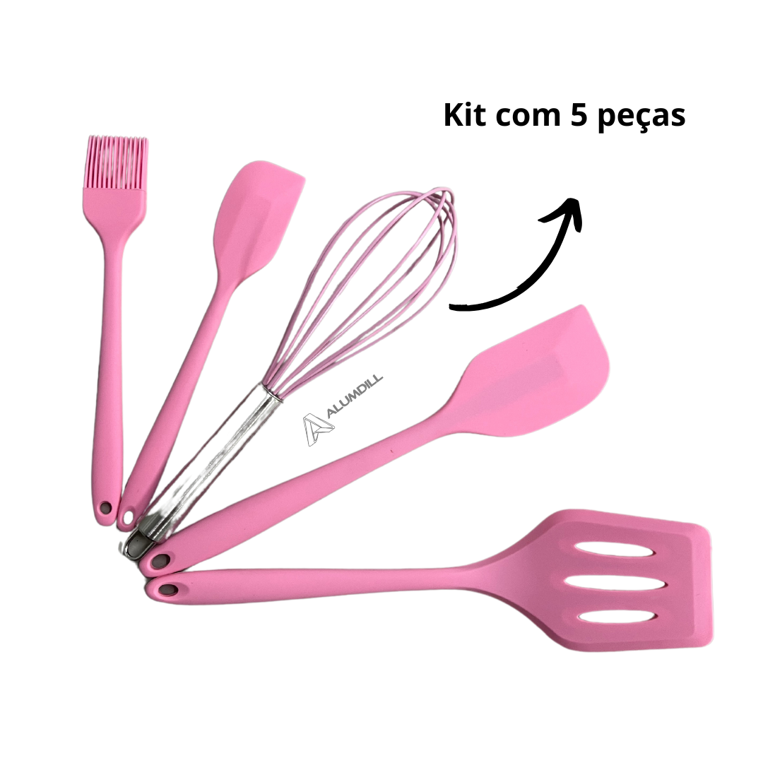 Kit 5 Peças Utensi´lios de Cozinha Culinários Silicone Rosa Bebe