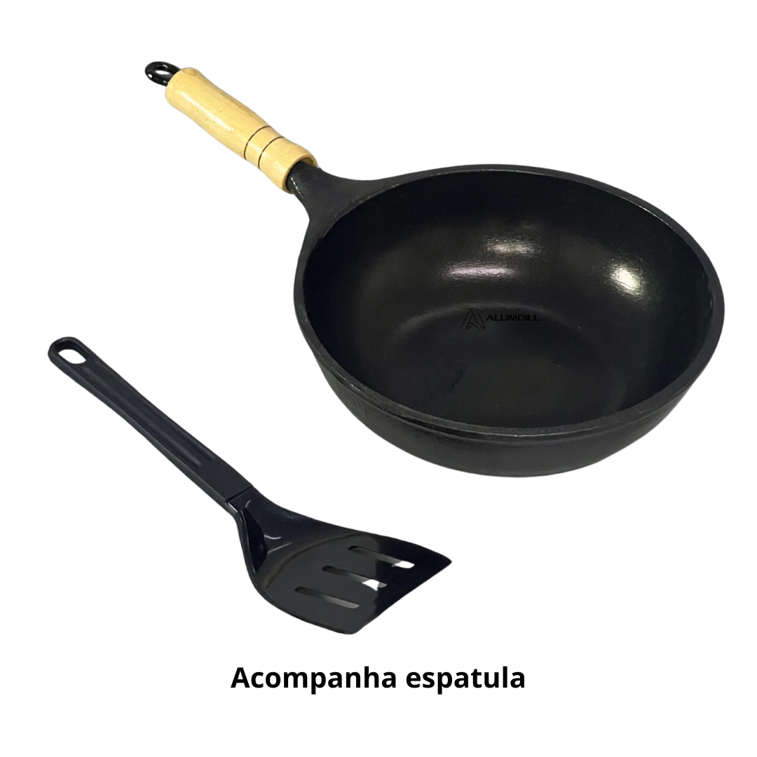 Frigideira Fundida Panela Parmegeira Wok 20 cm Funda Panela Antiaderente Cabo de Madeira