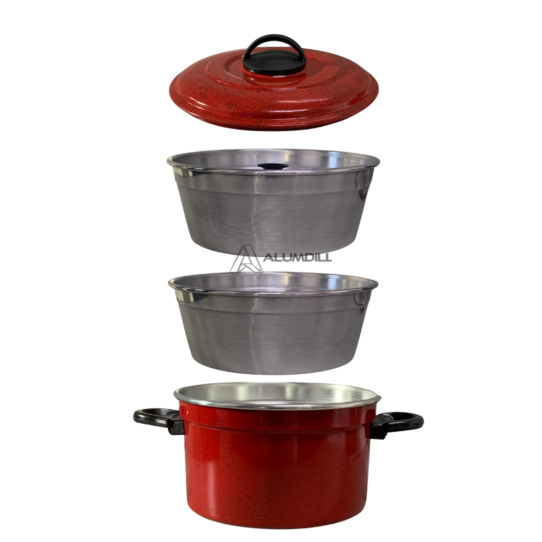 Banho Maria Panela a Vapor 3 Em 1 Forma Pudim Aluminio com Tampa Collor Vermelho Pintinha
