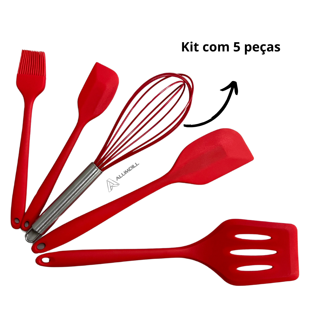 Kit 5 Peças Utensílios de Cozinha Culinários Silicone Vermelho