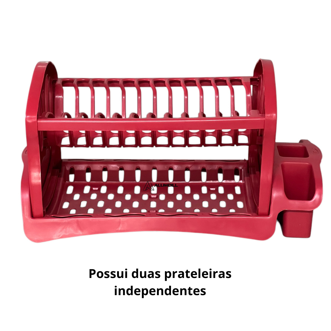 Escorredor De Pratos Louça Cozinha Duplo Porta Talher, Porta Copo Plastico Vermelho