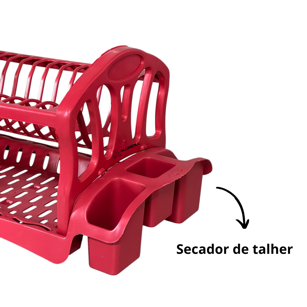 Escorredor De Pratos Louça Cozinha Duplo Porta Talher, Porta Copo Plastico Vermelho