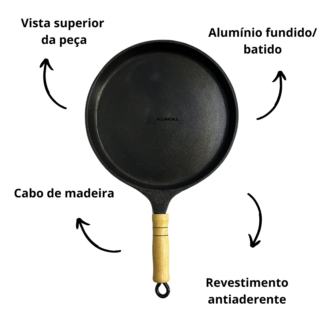 Frigideira Chapa Para Tapioca Tapioqueira Panqueca Panquequeira Antiaderente Teflon Fundido Oficial 22 cm Cabo de Madeir