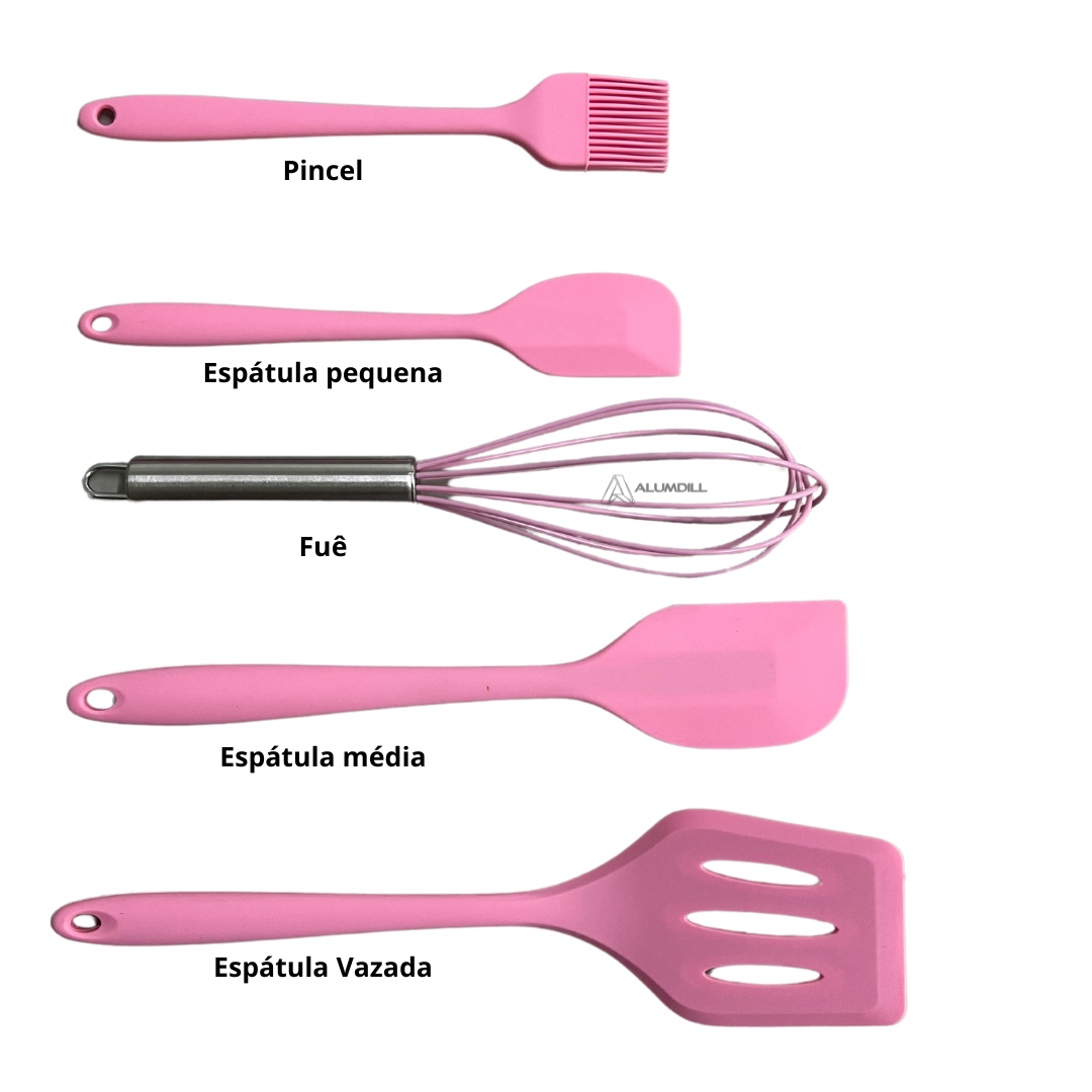 Kit 5 Peças Utensi´lios de Cozinha Culinários Silicone Rosa Bebe