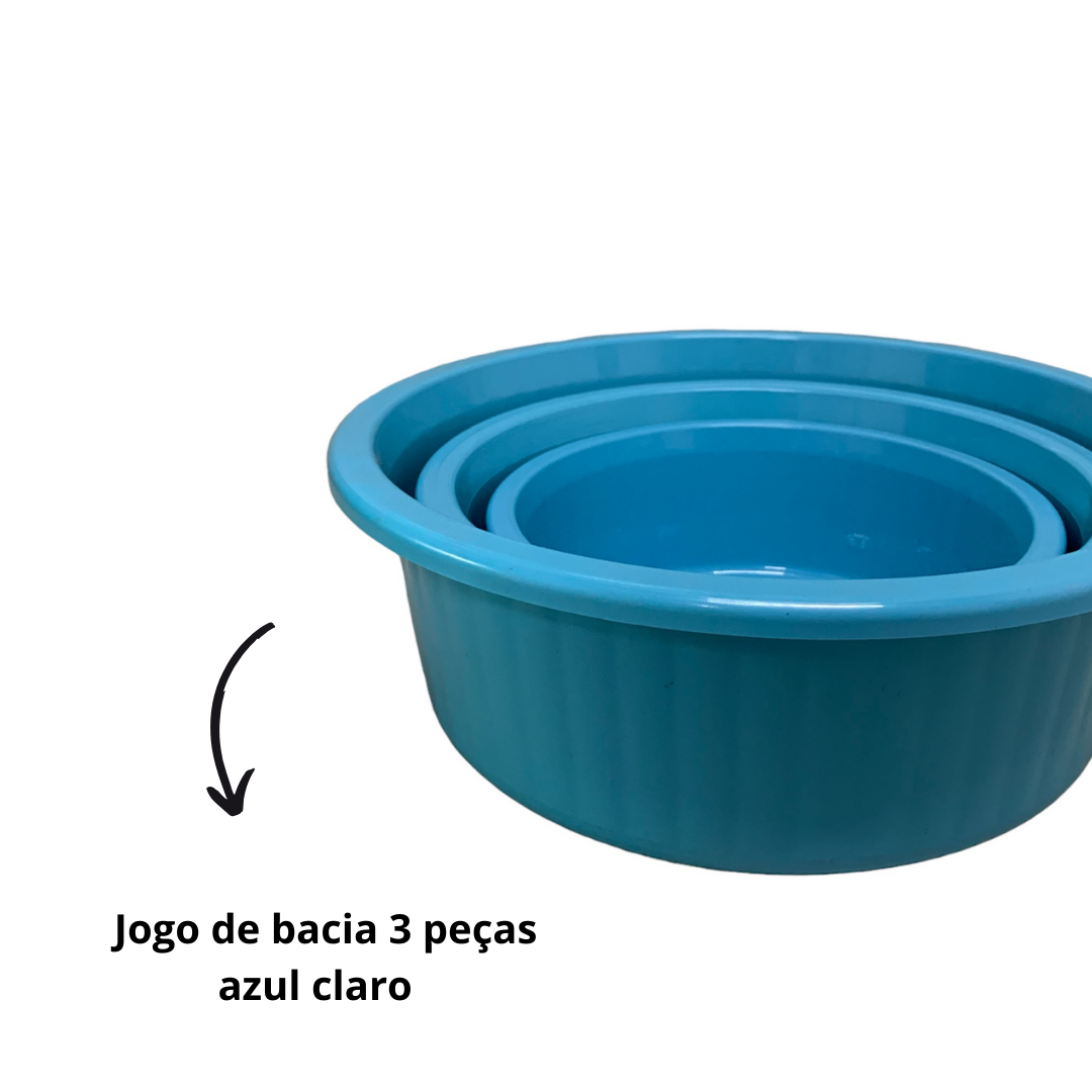 Jogo de Bacia 3 Peças Plastico Redonda Multiuso Azul Claro Canelada