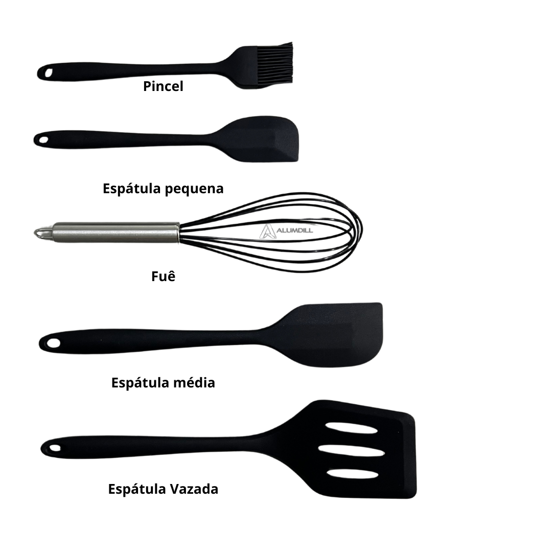 Kit 5 Peças Utensi´lios de Cozinha Culinários Silicone Preto