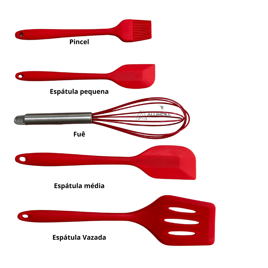 Kit 5 Peças Utensi´lios de Cozinha Culinários Silicone Vermelho