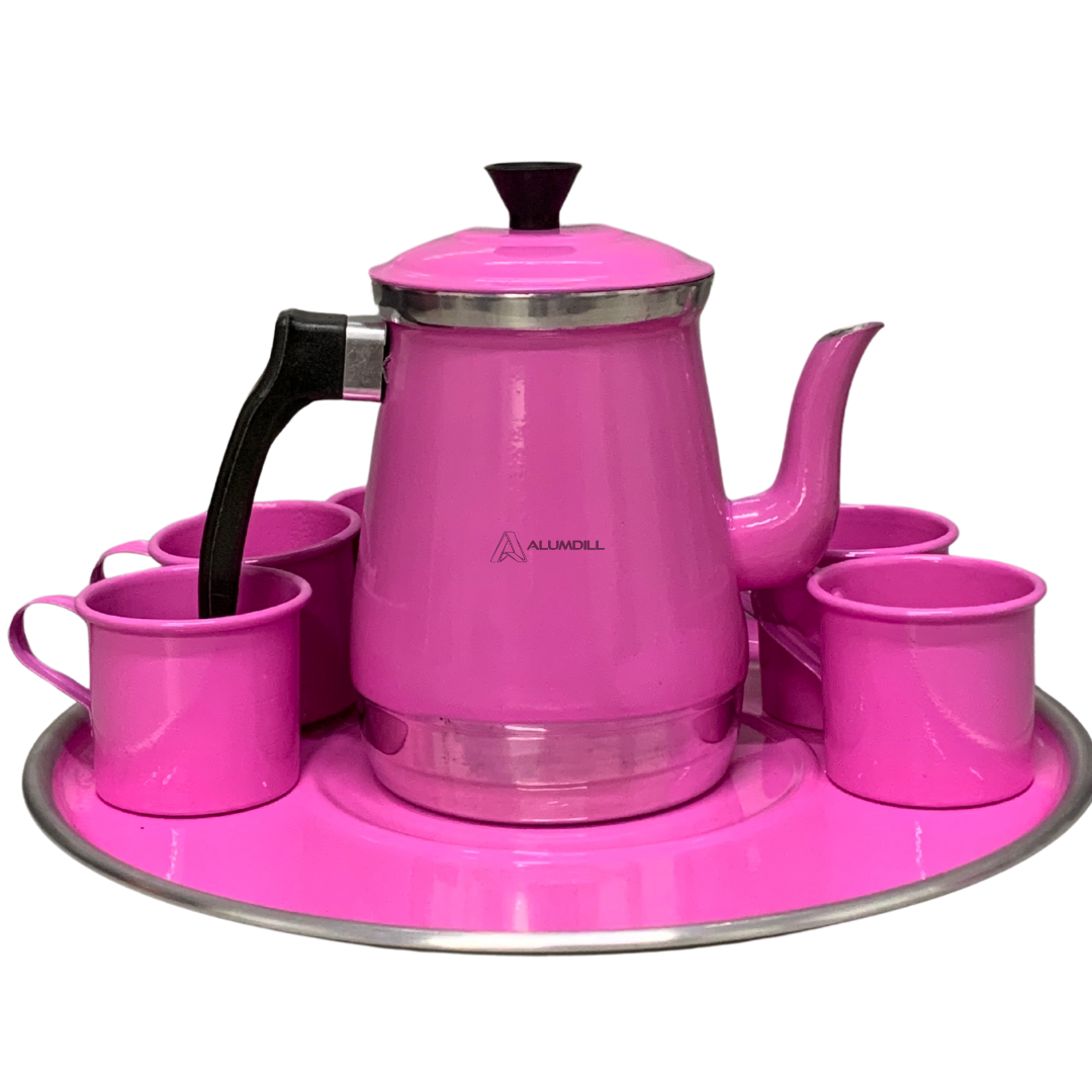Jogo de Bule com 6 Xícaras e Bandeja Café Retro Rosa