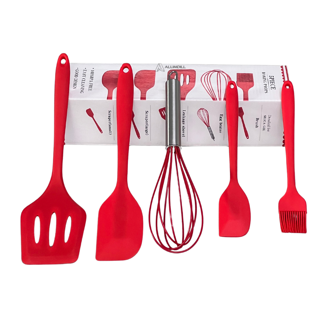 Kit 5 Peças Utensi´lios de Cozinha Culinários Silicone Vermelho