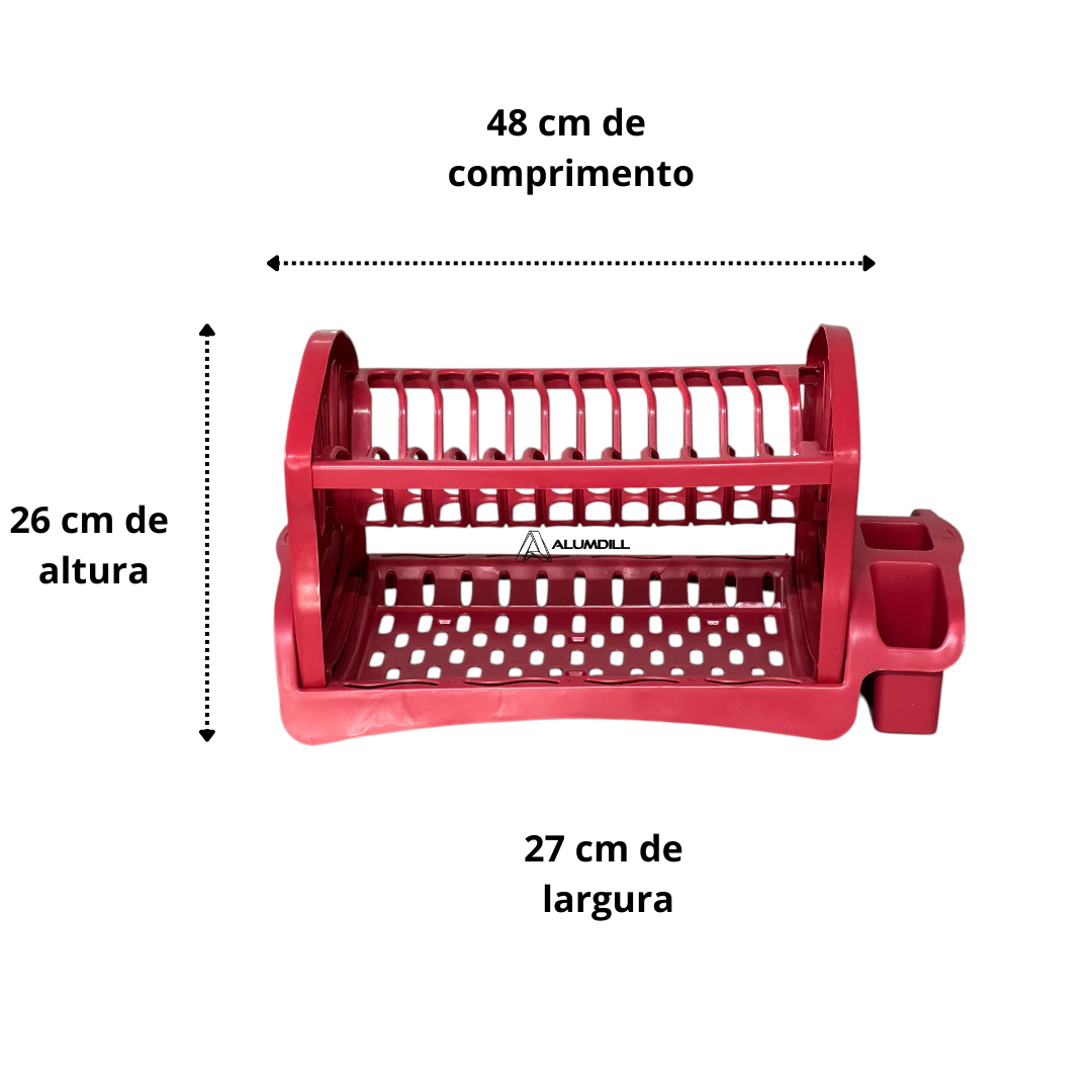 Escorredor De Pratos Louça Cozinha Duplo Porta Talher, Porta Copo Plastico Vermelho