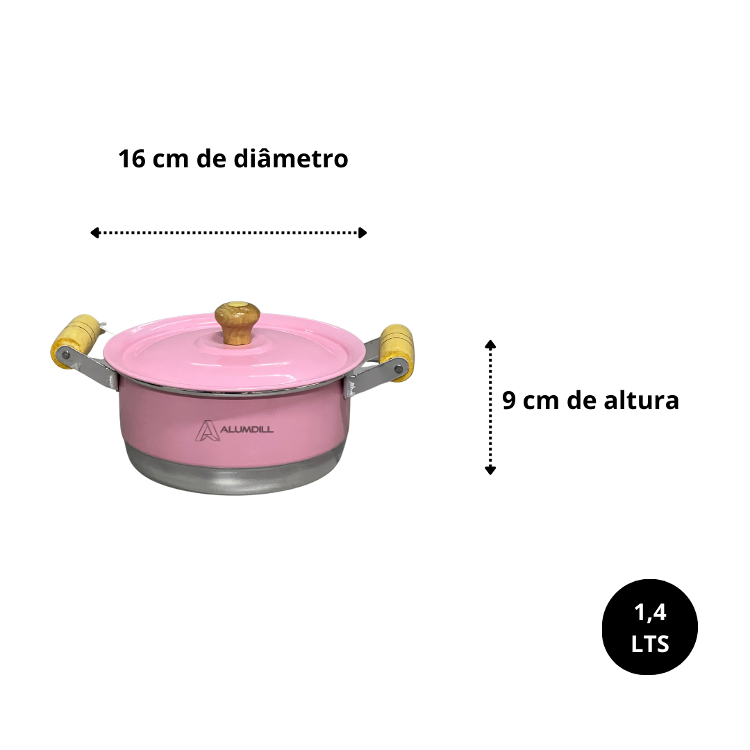 Jogo de Panela Conjunto Kit Cacarola Pop com 5 unidades Alça de Madeira com Tampa Rosa Liso Bebê
