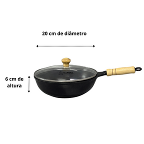 Frigideira Fundida Panela Parmegeira Wok 20 cm Funda Panela Antiaderente Cabo de Madeira