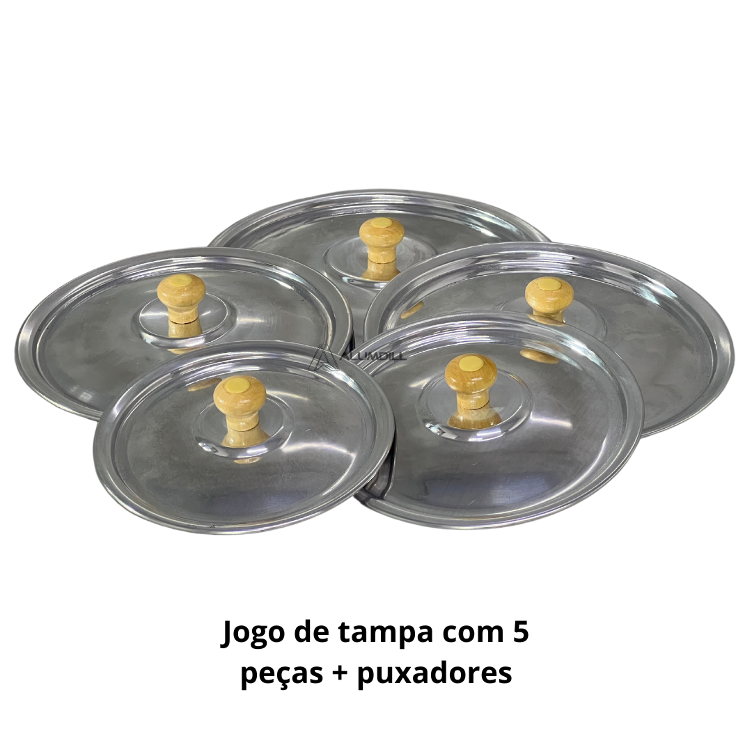 Kit de Jogo Tampas 16 a 24 Para Panelas Aluminio Puxador em Madeira