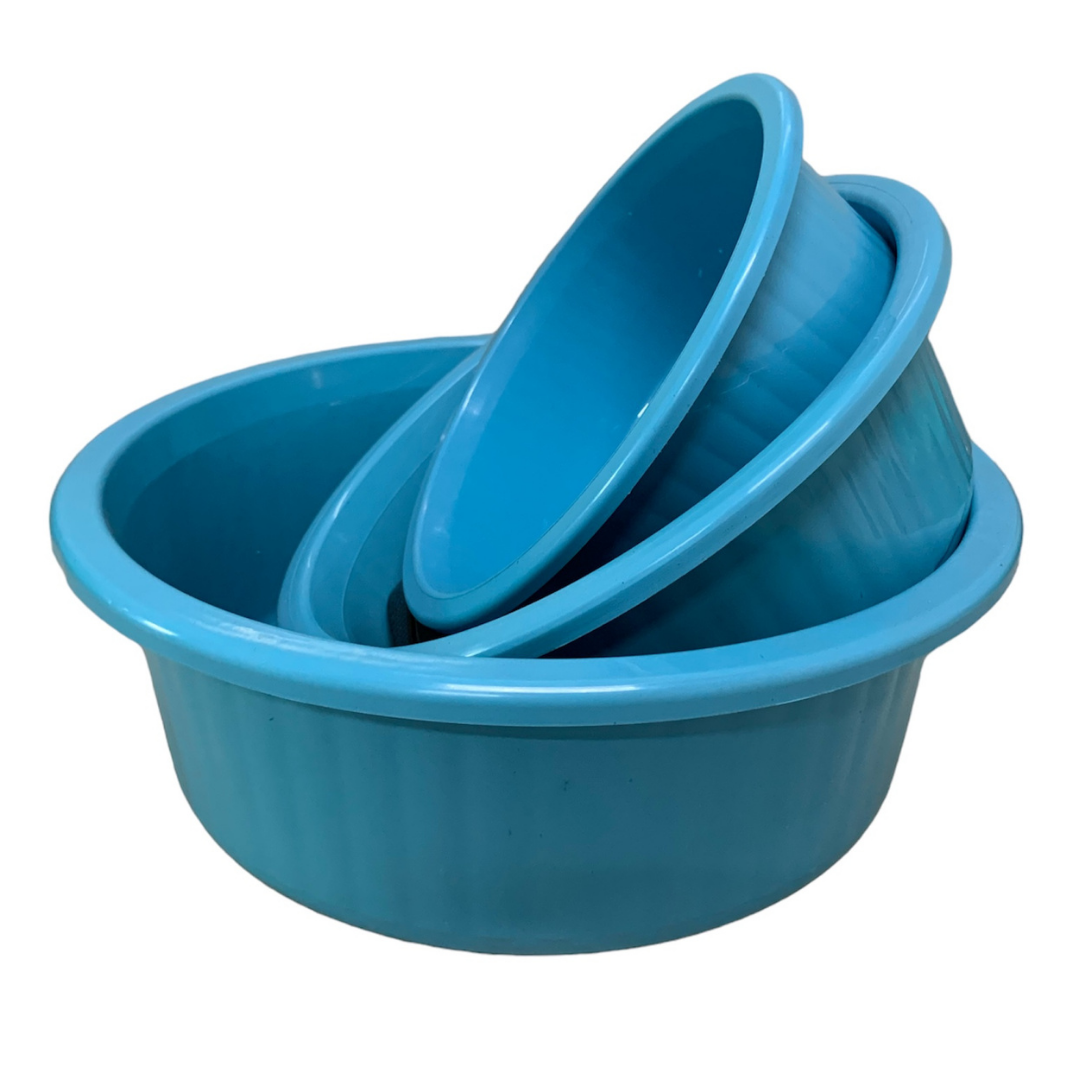 Jogo de Bacia 3 Peças Plastico Redonda Multiuso Azul Claro Canelada