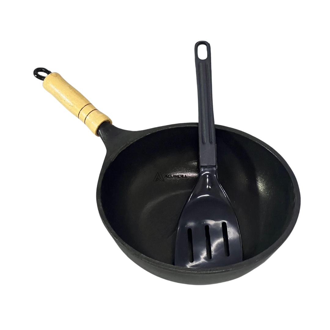 Frigideira Fundida Panela Parmegeira Wok 20 cm Funda Panela Antiaderente Cabo de Madeira