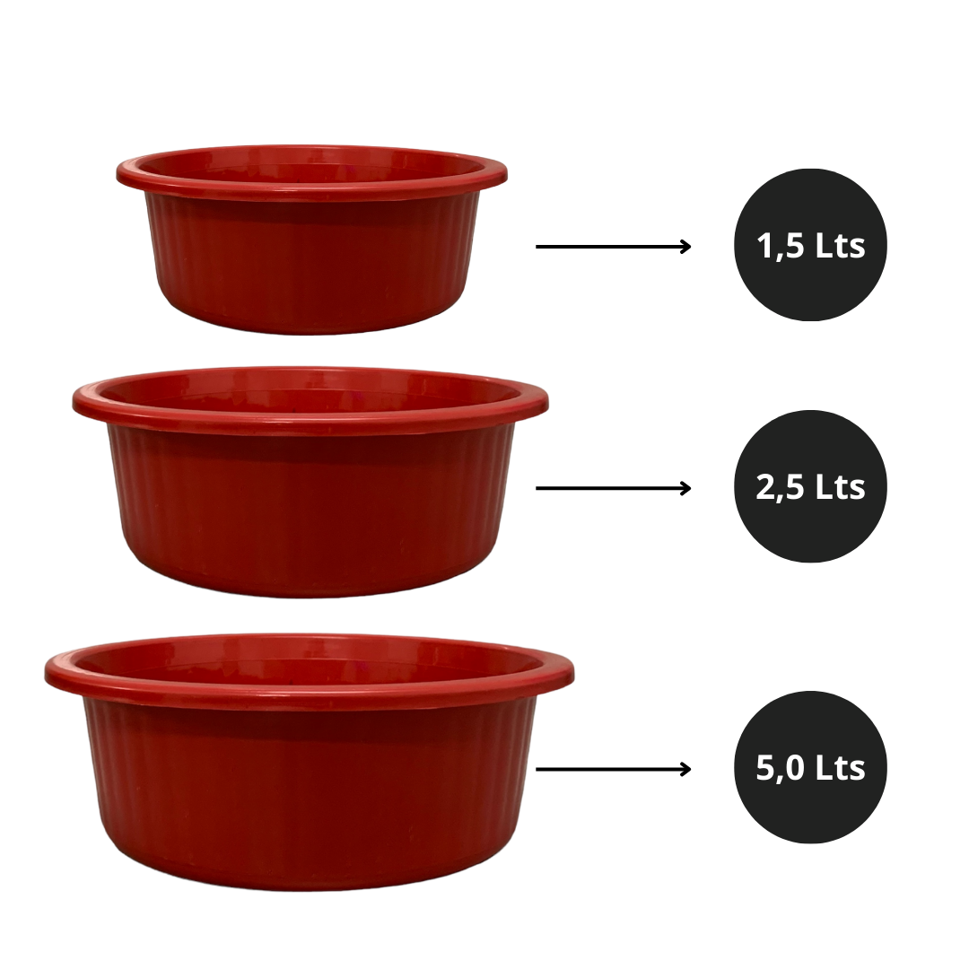 Jogo de Bacia 3 Peças Plastico Redonda Multiuso Vermelho Canelada