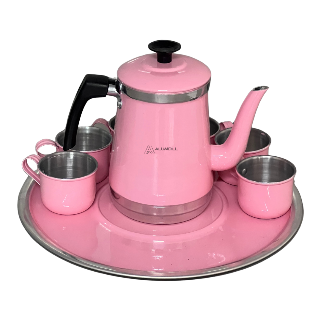 Jogo de Bule com 6 Xícaras e Bandeja Café Retro Rosa Liso