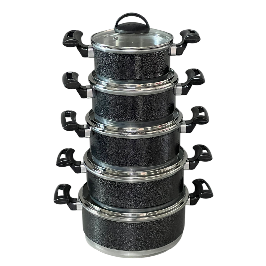 Jogo Conjunto KIt de Panela 5 Peças Rafaela Reforçado com Tampa Vidro Preto Craqueado