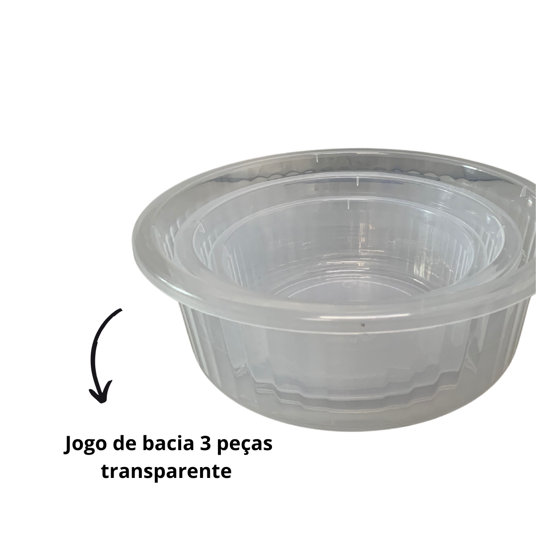 Jogo de Bacia 3 Peças Plastico Redonda Multiuso transparente Canelada