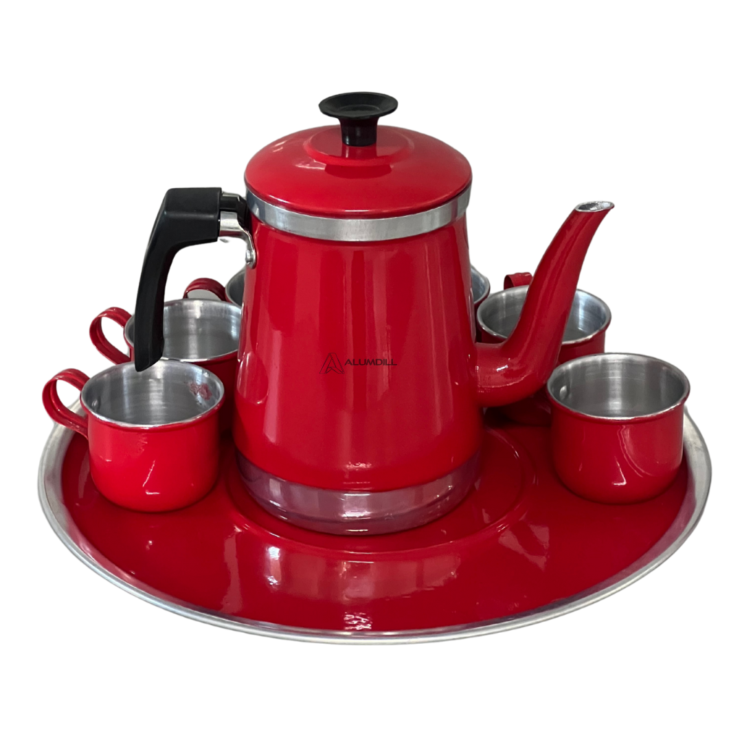 Jogo de Bule com 6 Xícaras e Bandeja Café Retro Vermelho