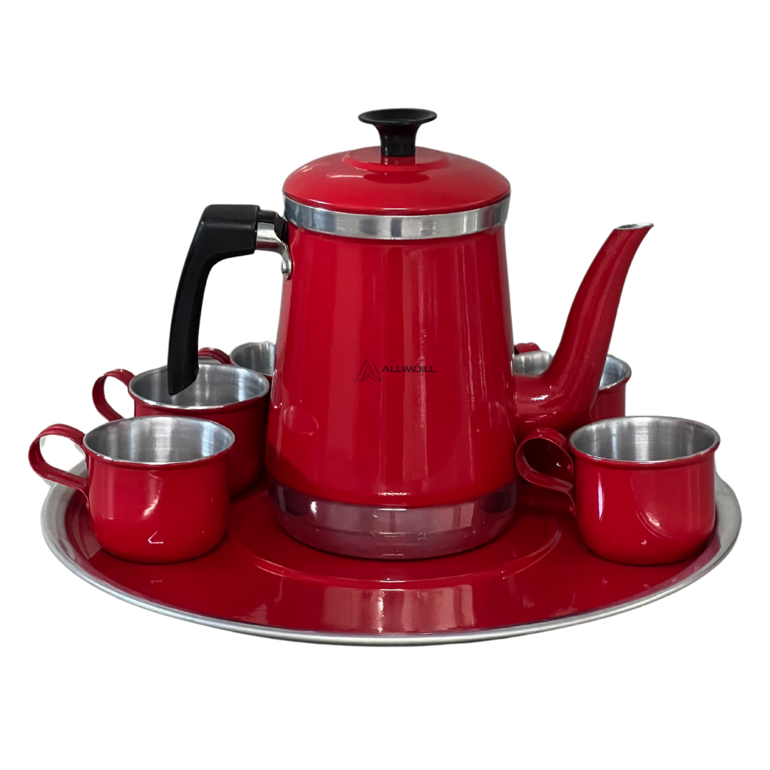 Jogo de Bule com 6 Xícaras e Bandeja Café Retro Vermelho