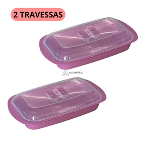 Kit 2 Travessas Saladeira Oval Porta Frios Sobremesa 1,8 Litros com Tampa Transparente Rosa Plastico