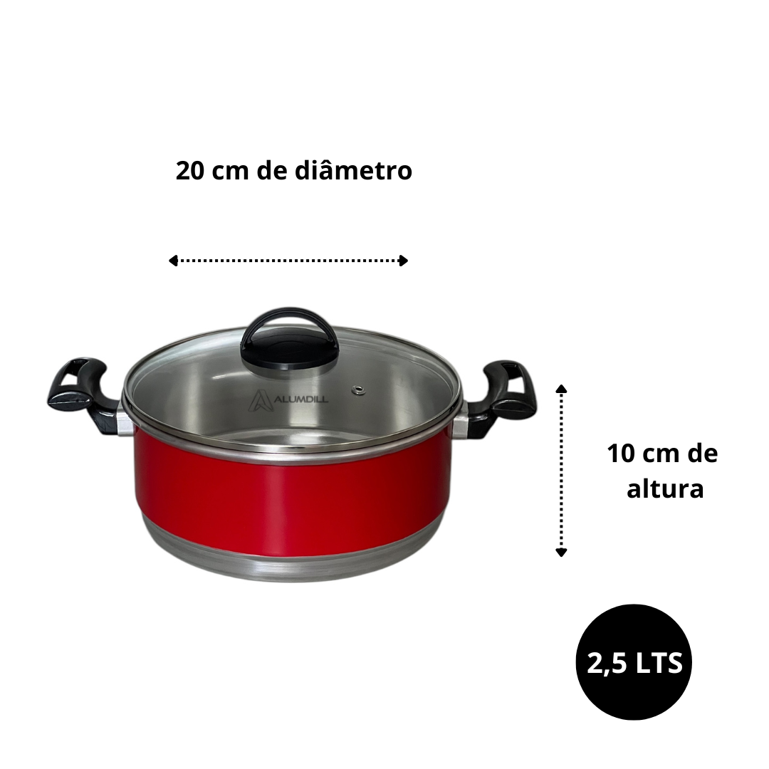 Jogo de Panela 5 Peças Rafaela Reforçado com Tampa Vidro Vermelho