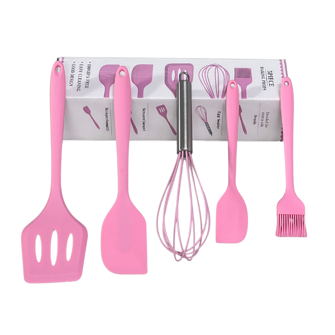Kit 5 Peças Utensi´lios de Cozinha Culinários Silicone Rosa Bebe