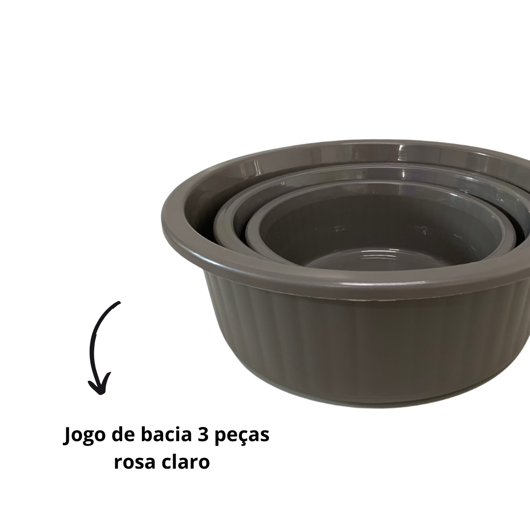 Jogo de Bacia 3 Peças Plastico Redonda Multiuso Cinza Chumbo Canelada
