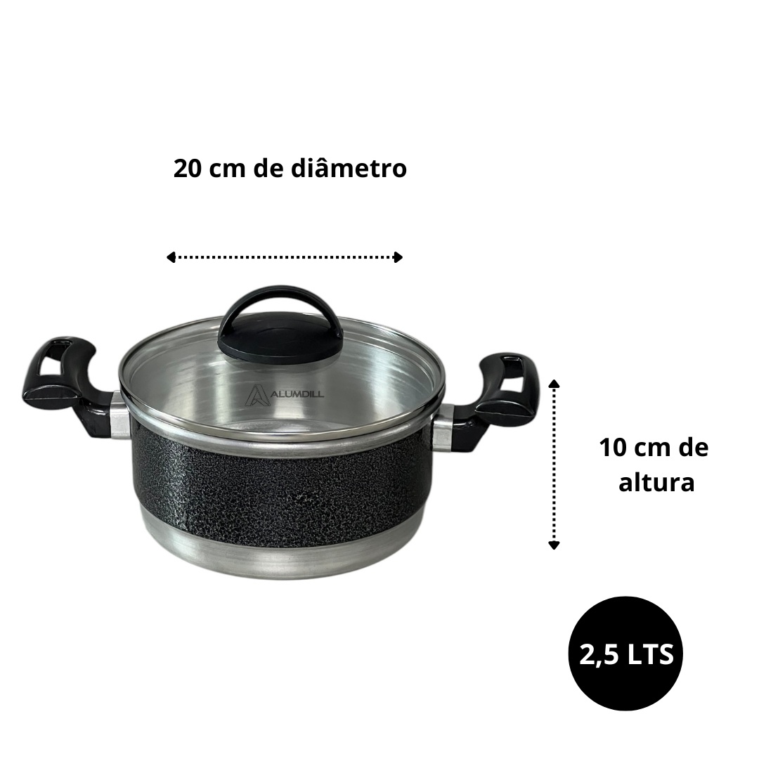 Jogo de Panela 5 Peças Rafaela Reforçado com Tampa Vidro Preto Craqueado